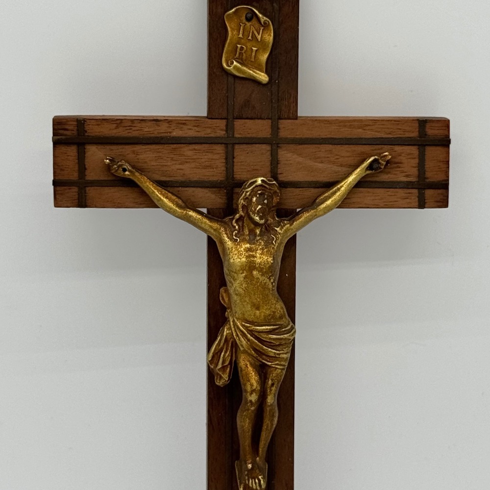 Vintage Shrine of the Little Flower Crucifix Wall Cross Walnut Brass Royal Oak